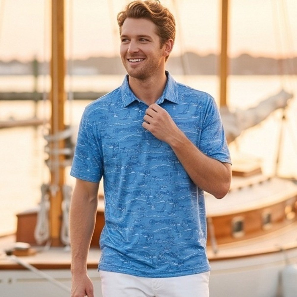 Peter Millar Mens L Summer Comfort Polo Shirt Blue Italian Escape Coastal Large